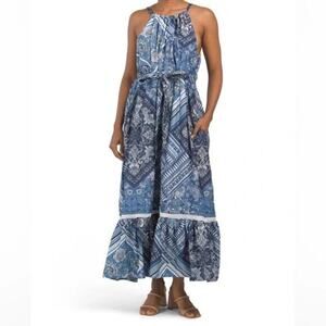Lucky Brand NWT Halter Maxi Dress Blue Bandana Belt Pockets Ruffle Lace Cotton M